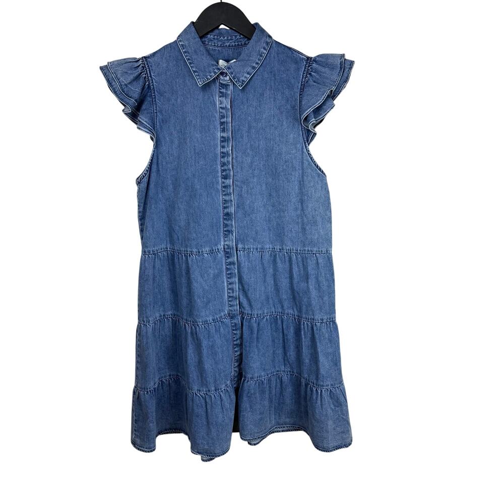 New ALICE + OLIVIA Jem Denim Tiered Mini Shirt Dress in Large - Picture 11 of 13
